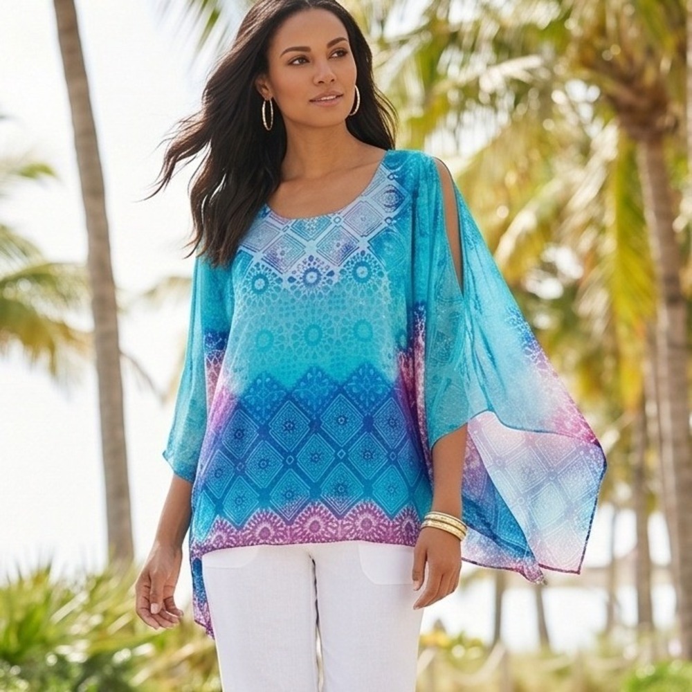 Chico's 3 Blue Geometric Handkerchief Top Split Sleeve Chiffon Lined Size XL NEW